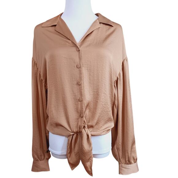 NEW EXPRESS Chic Blouse Top Medium Beige Tan Tie Waist Peasant Coquette Neutral - Picture 1 of 8